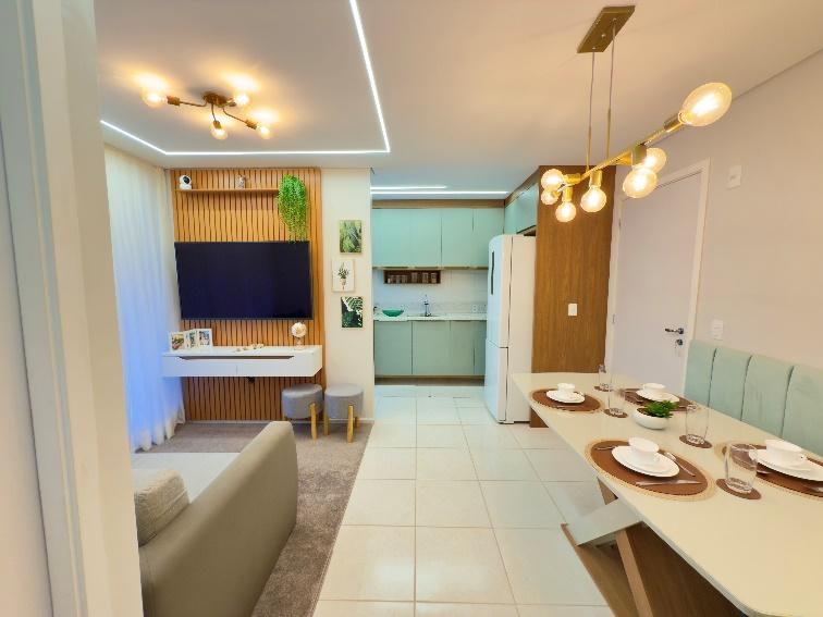 Imagem da matéria #CONTEÚDO E VISIBILIDADE: Apartamento com paleta em cores neutras pontuada por tons de verde garante mais conexão visual com o exterior